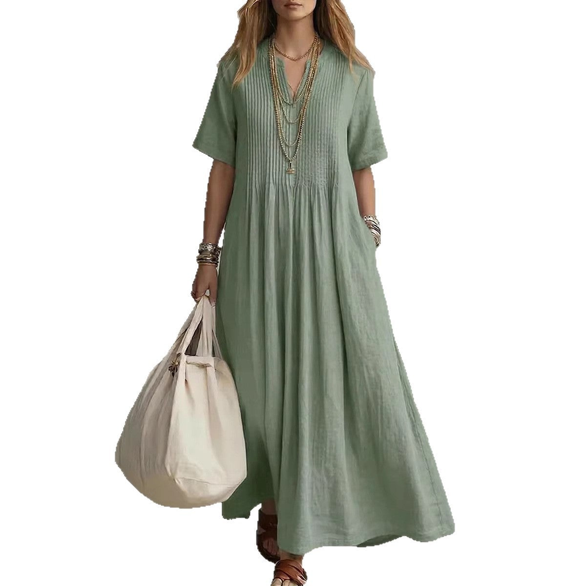 Vestido largo ZYVA verde salvia de algodón y lino con cuello en V, plisado frontal y corte suelto de verano.