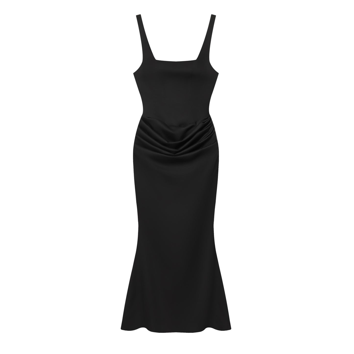 Vestido de noche negro para mujer con corte sirena, diseño ajustado tipo bodycon y escote cuadrado elegante.