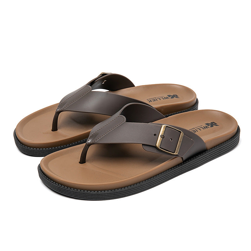 Sandalias de playa para hombre en color marrón y negro con hebilla decorativa y suela antideslizante ergonómica.