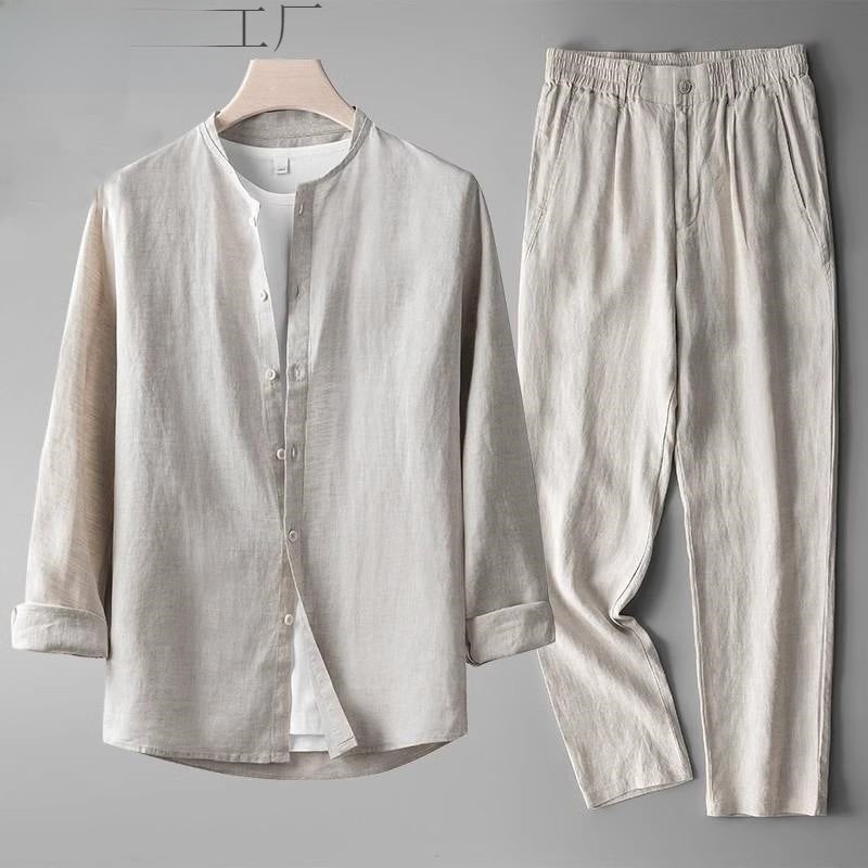 Conjunto de lino beige para hombre con camisa de cuello mao y pantalón de vestir, estilo Tang moderno transpirable.
