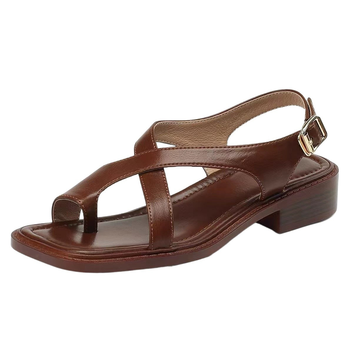 Sandalias retro francesas de piel marrón con punta cuadrada, tiras cruzadas y tacón bajo de 2cm para mujer.