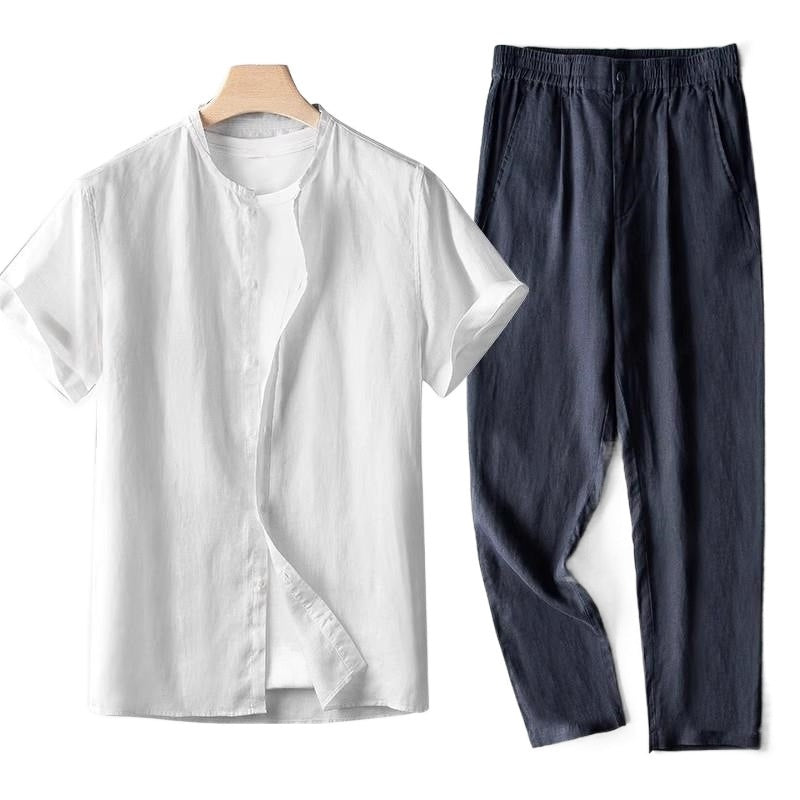 Conjunto de lino para hombre estilo Tang: camisa blanca de manga corta y pantalón azul marino transpirable.