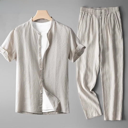 Conjunto de lino para hombre en beige: camisa de manga corta estilo Tang y pantalón largo transpirable.
