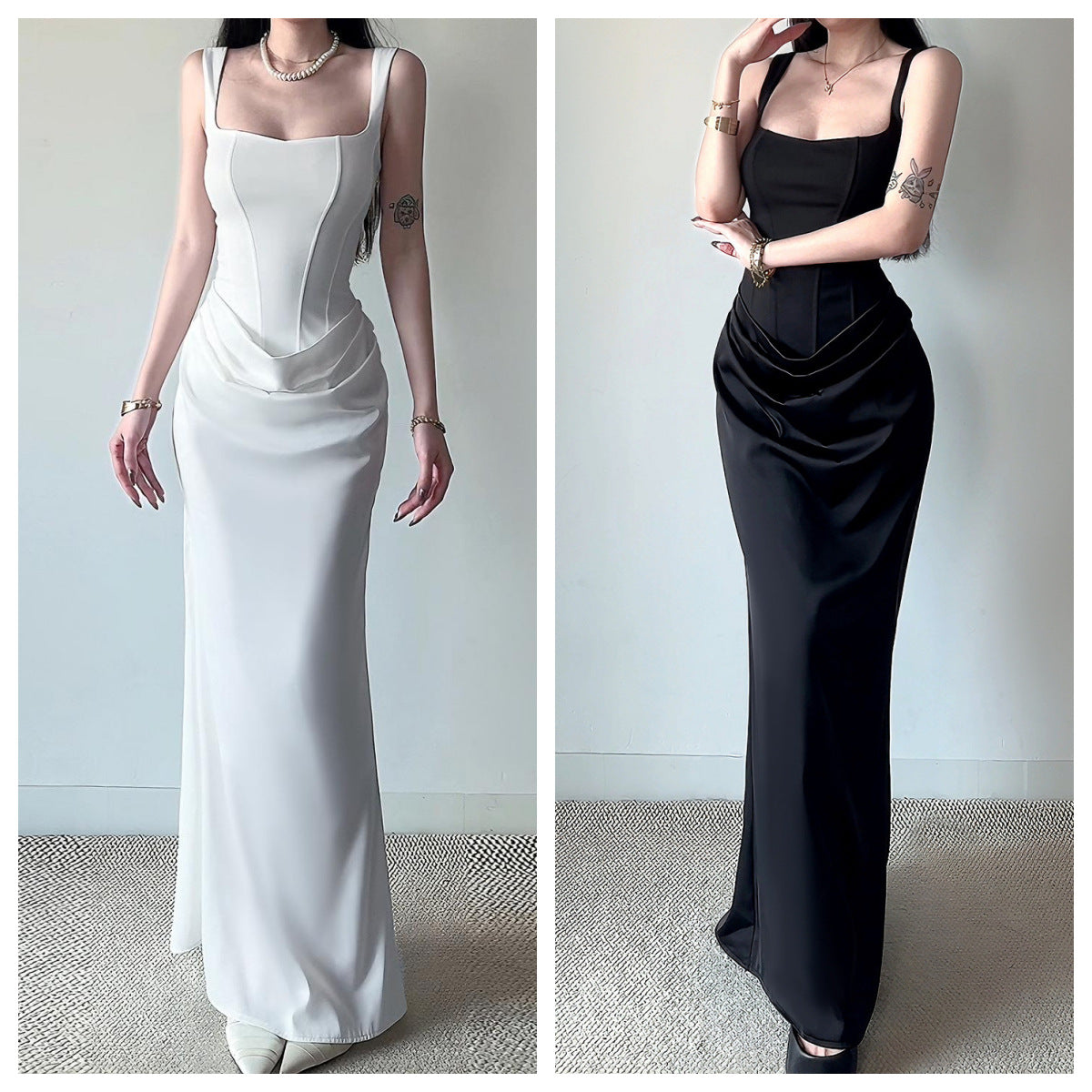 Vestido de noche negro y blanco con diseño bodycon, corte sirena y escote cuadrado para eventos elegantes.