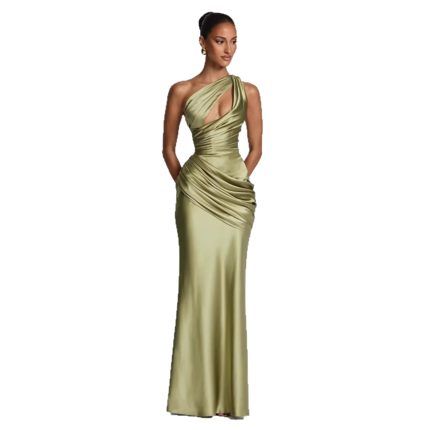 Vestido de noche elegante corte sirena verde oliva con diseño asimétrico de un hombro y silueta entallada.