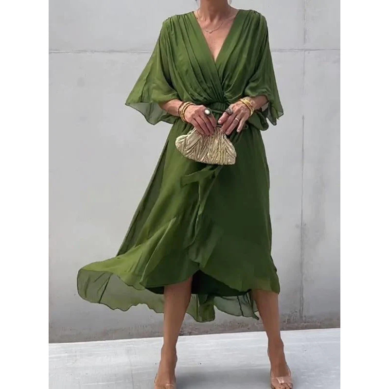 Vestido largo verde oliva de gasa con manga murciélago, cuello en V y bajo irregular para mujer.