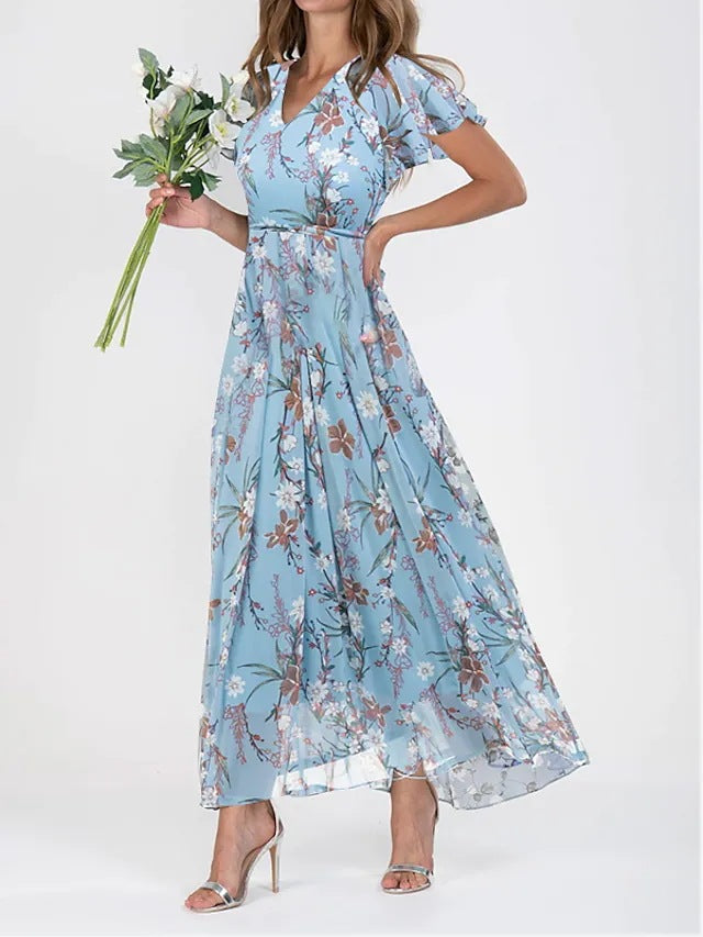 Vestido Largo de Gasa Floral con Volantes - Estilo y Comodidad | ZYVA