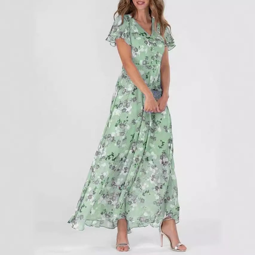 Vestido largo de gasa verde menta con estampado floral, volantes, escote en V y cintura entallada para mujer.