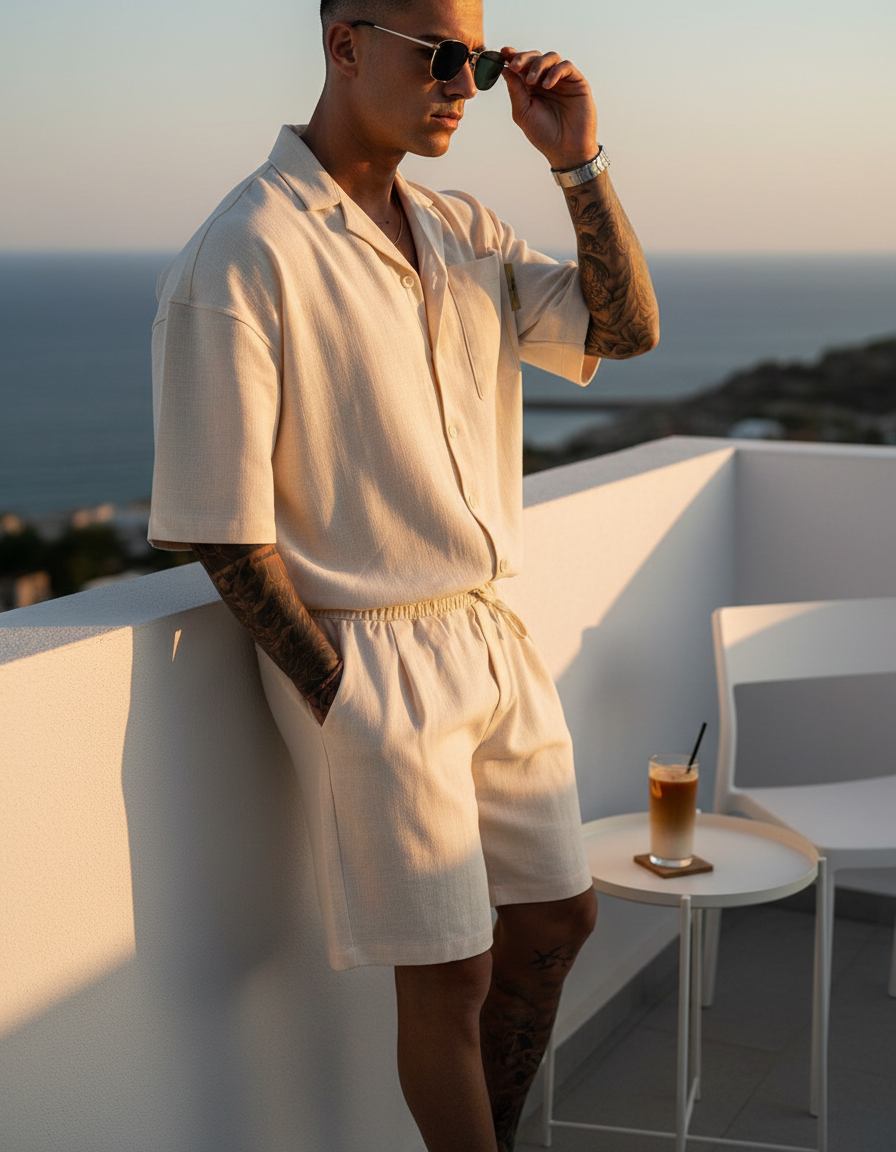 Hombre joven bronceado con gafas de sol, vistiendo el conjunto informal de camisa con solapa y shorts color crema.